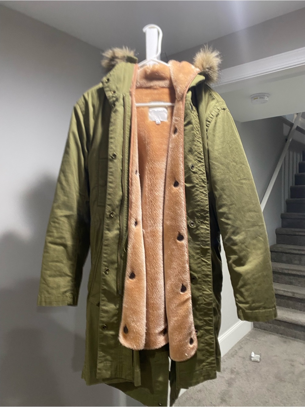 Madewell Olive Green Parka with Tan Faux-Fur Lining
